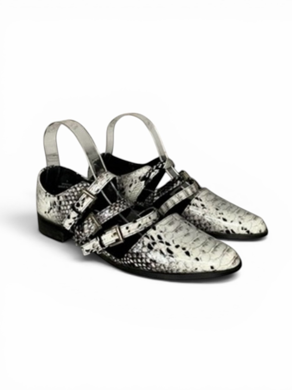 Asos Snakeskin Point Toe 3 Buckle Strap Flats Size 7